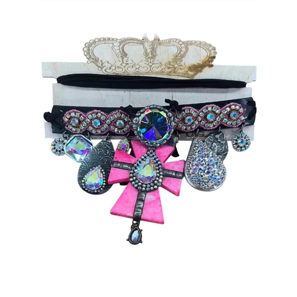 NEW ART BY AMY LABBE women's cross choker necklace belt in pink & black